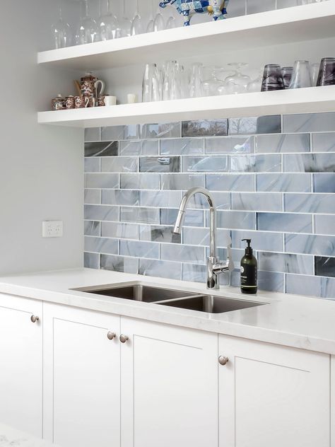 15+ Beachy Kitchen Backsplash ( COASTAL-INSPIRED ) - Tiles Blue Tile Backsplash Kitchen Farmhouse, Light Blue Kitchen Tile Backsplash, Kitchen Ideas With Blue Island, Blue Mosaic Kitchen Backsplash, Light Blue And Grey Kitchen, Transitional Kitchen Tile Backsplash, White And Gray Backsplash Kitchen, White Kitchen Cabinets With Blue Backsplash, Remodeled Kitchen Ideas