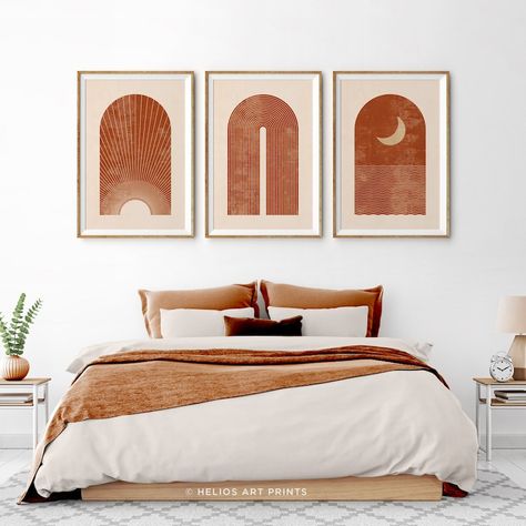 Helios Art, Terracotta Interior Design, Burnt Orange Bedroom, Orange Bedroom Decor, Spare Bedroom Office, Boho Prints, Mid Century Wall Art, Bedroom Orange, Master Bed