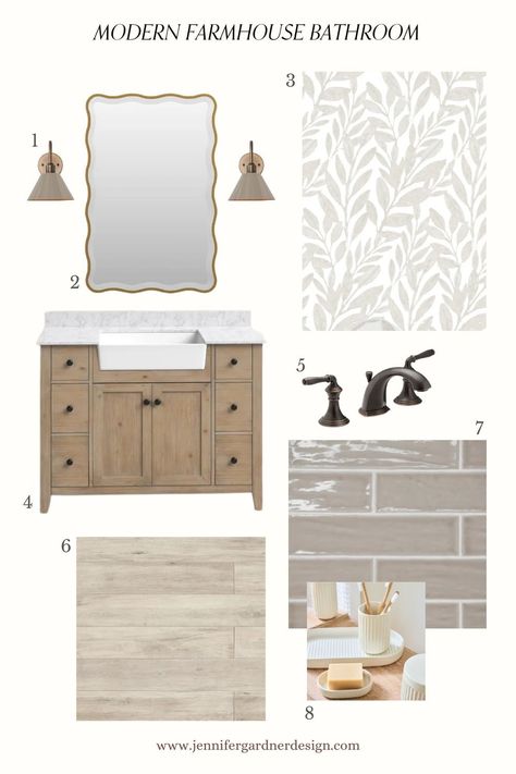 Get The Look: Bathroom Mood Boards Vol. 7 Modern Farmhouse Bathroom Mood Board, Boho Bathroom Mood Board, Mixing Tiles In Bathroom, Beach Farmhouse Bathroom, White Bathroom With Wood Accents, Bathroom Color Scheme Inspiration, Farmhouse Bathroom Mood Board, Bathroom Tile Farmhouse, Joanna Gaines Bathroom Ideas