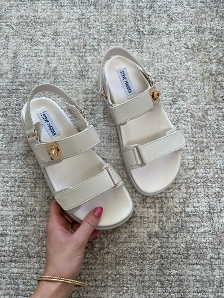 Here are some cute white strappy spring sandals! I'm loving this dad sandal style and it's under $100. I linked it on my LTK page if you want to check it out - it matches with almost everything! | sandals, shoes, footwear, spring, looks, style, fashion, inspiration, ideas, shop, shopping Everyday Footwear For Women, White Sandals Outfit, Dad Sandals Outfit, Aesthetic Sandals, Sandals Outfit Casual, Sandals Aesthetic, Classy Sandals, Sandals Ideas, Sandals Design