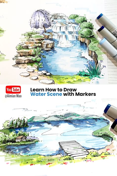 learn how to draw water scene with markers. tutorial on Youtube. #inkdrawing #illustration #copicmarkers #markerrendering #sketching #architecturesketch Water Drawing Marker, Water Markers Drawing, How To Sketch Water, Landscape With Markers, Water Marker Drawing, Sketching With Markers, Copic Marker Landscape, Landscape Marker Drawing, Water With Markers