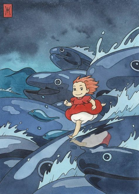 Ponyo Running On Fish, Ponyo Water Scene, Ponyo Stills, Ponyo Running On Water, Ponyo Painting Canvas, Ponyo Drawings Studio Ghibli Art, Ponyo Illustration, Ponyo Running, Ponyo Watercolor