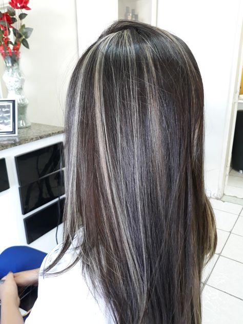 Gray On Black Hair, Types Of Highlights For Hair, Black Hair Going Grey, Frosty Hair, Gray Blending, Gray Highlights, Grey Blending, Hair Blending, Grey Hair Transformation