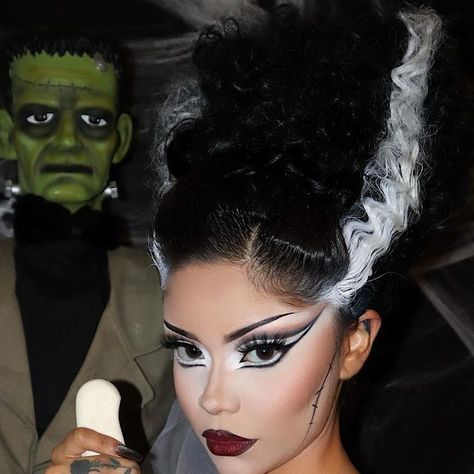 Pin Up Bride Of Frankenstein, Kylie Jenner Frankenstein Bride, Bride If Frankenstein Makeup, The Bride Of Frankenstein Makeup, Couples Frankenstein Costumes, Bride Of Frankenstein And Frankenstein Costume, Men’s Frankenstein Makeup, Frankensteins Bride Hair, Frankenstein Makeup Men