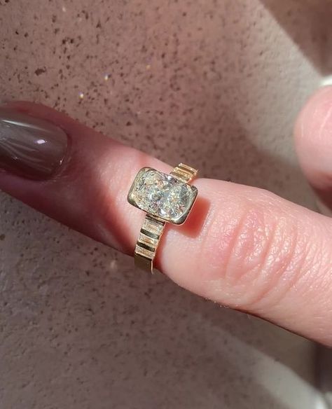 Classy Vintage Engagement Ring, Elongated Cushion With Baguettes, Thanksgiving Proposal, Half Bezel Ring, Half Bezel Engagement Ring, Frank Darling, Cute Promise Rings, Ring Inspo, Half Bezel