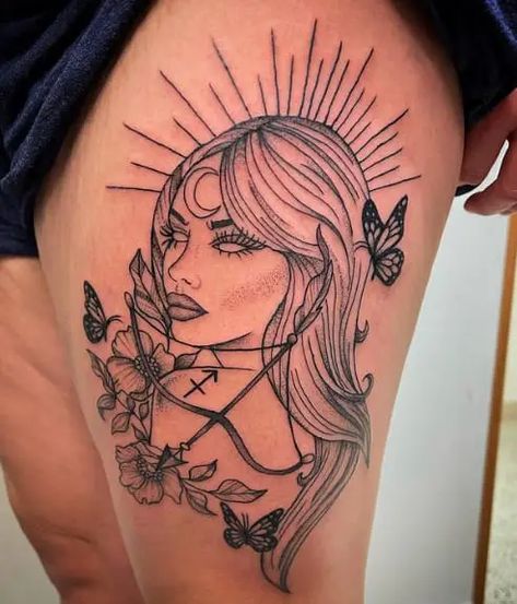 Goddess Tattoo Sagittarius, Saggitarius Tattoo For Women, Leo Goddess Tattoos For Women, Sagittarius Woman Tattoo, Feminine Sagittarius Tattoo, Sagittarius Aesthetic Tattoo, Top Thigh Tattoos Women, Zodiac Tattoos Virgo, Tight Tattoos For Women