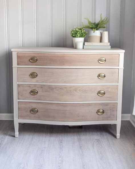 White Two Tone Dresser, Furniture Flipping Ideas Dressers, Taupe Painted Dresser, 2 Drawer Nightstand Makeover, Neutral Painted Dresser, Bassett Dresser Makeover, Two Tone Wood Dresser, Furniture Flipping Ideas Inspiration, Beige Painted Furniture