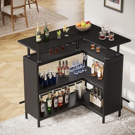 Bar Unit L-shaped Bar Table with Stemware Racks and Shelves Corner Mini Coffee Liquor Cabinet with Mini Wine Bar, Liquor Table, Home Bar Unit, Bar Table Design, Coffee Liquor, L Shaped Bar, Shelves Corner, Bar Unit, Home Bar Rooms