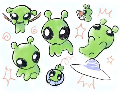 Funny Alien Drawings, How To Draw Alien, Alien Drawing Aesthetic, Alien Cute Drawing, Green Things To Draw, Alien Drawing Cute, Alien Drawing Ideas, Cute Alien Oc, Alien Art Drawing