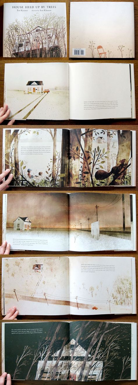 House Held Up By Trees by Ted Kooser, illustrated by Jon Klassen. Candlewick, 2012. Children's Book Layout, Book Illustration Layout, Jon Klassen, Story Books Illustrations, 동화 삽화, Picture Books Illustration, Childrens Books Illustrations, Design Editorial, Book Design Layout