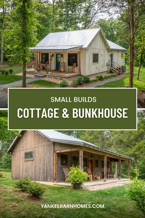 Bunkies Guest Cabin Plans, Barn Bunkhouse, Bunkie Ideas 10x10, Pole Barn Cabin, Small Pole Barn, Bunkie Ideas, Cottage Kits, Yankee Barn Homes, Small Sitting Area