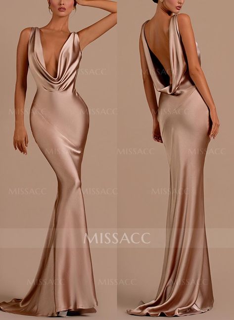 Affordable Prom Dress, Deep Cowl Neck Dress, Neckline Ideas, Gold Silk Dress, Satin Design, Prom Inspo, Satin Evening Dresses, Cowl Neck Dress, Pretty Prom Dresses