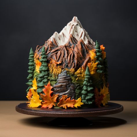 Mountain Grooms Cake, Woodsy Birthday Cake, Mountain Shaped Cake, Cakes With Animals, Outdoor Birthday Cake, Forest Cake Ideas, Camping Cake Ideas, Western Desserts, Camping Cake