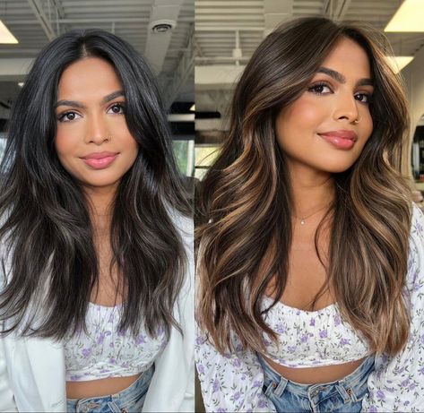 Level 2 Hair Color Balayage, Layers With Colored Hair, Caramel Face Framing Highlights On Dark Hair, Hair Colour For Layered Hair, Highlights Layers Brown Hair, Blonde For Indian Skin, Dyed Hair For Indian Women, Balayage Hair For Tan Skin Tone, Hair Colour That Suits Indian Skin