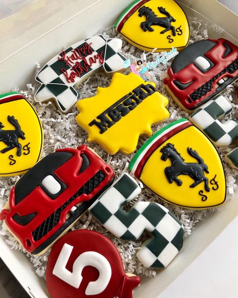 Ferrari Birthday, Ferrari Party, Custom Sugar Cookies, Car Cookies, Birthday 2023, Race Car Birthday Party, Race Party, Twins 1st Birthdays, 13th Birthday Parties