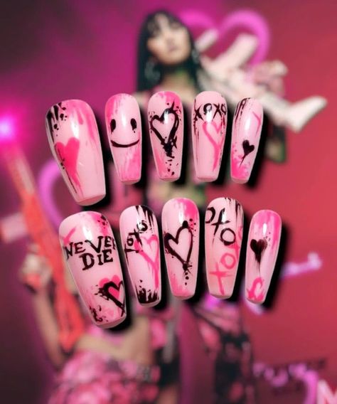 I Never Dieby G-Idle inspired Nails by @nocturnenails.ec Kpop Nails Ideas, Nail Art Kpop, Army Nails, K Pop Nails, Idol Nails, Kpop Nails, Band Nails, Fake Nails Designs, Hello Nails