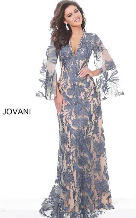 Jovani 00752 | Navy Nude Lace Cape Sleeve mother of the bride Formal Evening Dresses Long, Mother Of The Bride Dresses Long, Long Formal Gowns, Gowns Bridesmaid, Design Moda, Mother Of Groom Dresses, Evening Dresses With Sleeves, Mob Dresses, Lace Dress With Sleeves