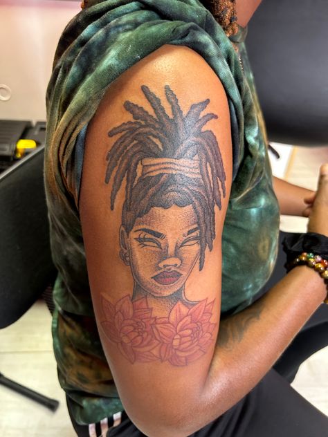 Lady With Locs Tattoo, Tattoo Of Woman With Locs, Loc Goddess Tattoo, Black Woman With Locs Tattoo, Locs Tattoo Ink Black Women, Women With Locs Tattoos, Locs Tattoos Ideas, Locs And Tattoos Black Women, Woman With Locs Tattoo