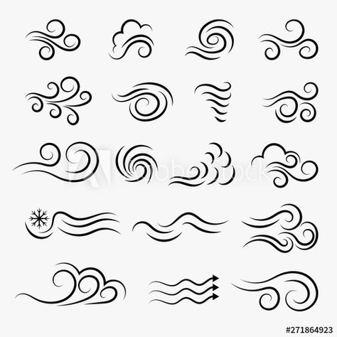 Stock Image: Wind weather and environment, nature icon set. Natural movement of the air symbols. Vector line art illustration isolated on white background. Wind Logo, Wind Tattoo, Air Symbol, Wind Drawing, Nature Icon, Air Tattoo, Vector Line Art, Wind Art, Elements Tattoo