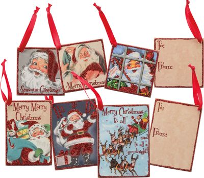 Item # 32284 | Gifts Tags - Retro Santa | Primitives by Kathy Primitive Candle Box, Vintage Inspired Christmas Ornaments, Santa Gift Tag, Vintage Inspired Christmas Tree, Santa Gift Tags, Vintage Inspired Christmas, Deer Ornament, Retro Santa, Primitives By Kathy