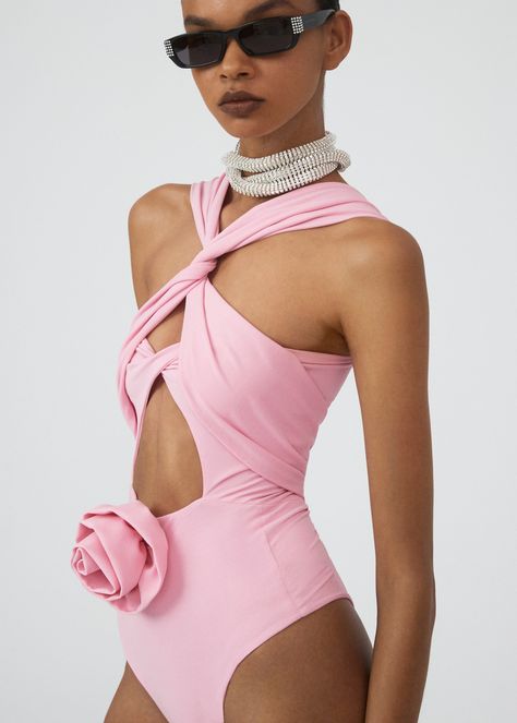 Luxury Asymmetrical Neckline Beachwear Swimwear, Jacquemus Swimwear, Pink Dior Swimsuit, Magda Butrym Swimwear, Mugler Pink Bodysuit, Cut Out Bodysuit, Cotton Flower, Pink Bodysuit, Valentino Haute Couture