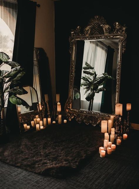 Witch Aesthetic Interior Design, Mirror And Candles, Art Deco Witch, Gothic Bedroom, Dark Home Decor, Goth Home, Goth Home Decor, Dark Home, Ornate Mirror