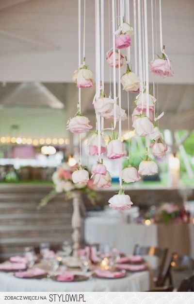 Fresh roses hanging upside down with ribbon from ceiling Ceiling Decorations, Rustic Wedding Decorations, Festa Party, Hanging Flowers, Deco Floral, Wedding Cake Designs, The Ceiling, Ceiling Decor, Stylish Wedding