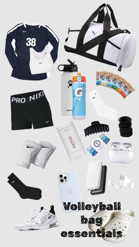 Volleyball Bags Backpacks, Good Shoes For Volleyball, Sports Must Haves, Volley Ball Bag Essentials, Sport Bag Essentials, What To Pack For Volleyball Practice, Volleyball Essentials List, Volleyball Packing List, What To Have In Your Volleyball Bag