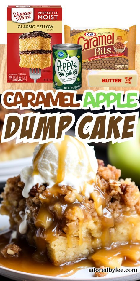 This caramel apple dump cake recipe is so easy to make and perfect for family get-togethers. Carmel Apple Crumb Cake, Caramel Apple Dump Cake With Fresh Apples, Caramel Apple Cookie Dough Dump Cake, Caramel Apple Dump Cake With Pie Filling And Caramel Bits, Campfire Dump Cake Recipes, Carnal Apple Dump Cake, Apple Cake With Yellow Box Cake, Cast Iron Dump Cake Recipes, Holiday Dump Cake Recipes