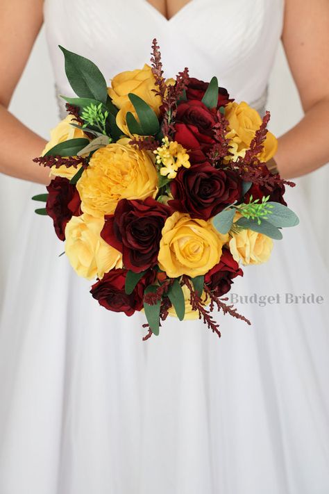 Burgundy And Yellow Wedding Decorations, Red And Yellow Wedding Flowers, Fall Sunflower Wedding Bouquet, Summer Floral Arrangements Wedding, Red And Yellow Bouquet, Maroon And Yellow Wedding, Burgundy And Yellow Wedding, Marigold Yellow Wedding, Yellow And Burgundy Wedding