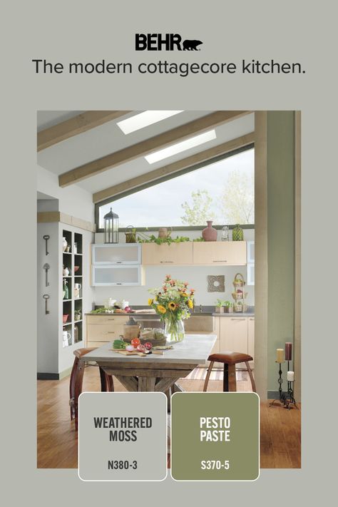 Infuse your kitchen with Weathered Moss and accent Pesto Paste, hues that bring vintage charm and warmth into your home. Lake House Paint Colors, Kitchen Inspiration Board, Pastel Bathroom, Modern Cottagecore, Color Combinations Home, Neutral Dining Room, Modular Kitchen Design, Modern Cabin, Cabinet Colors