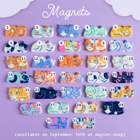 Cats incoming!  They will come in three categories: magnets, brooches and pin's. Make sure you remember your lucky number and... Cat Magnets, Painted Cat, Clay Keychain, Clay Magnets, Air Dry Clay Projects, Hand Painted Cat, Pottery Painting Designs, Handmade Pins, Cute Polymer Clay