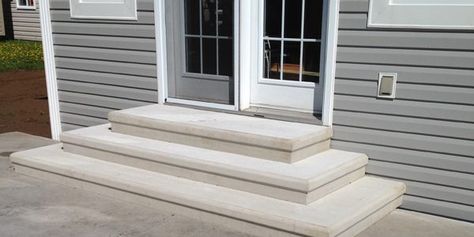 Front Porch Concrete Steps, Concrete Entry Steps, Concrete Steps Front Door, Poured Concrete Steps, Backyard Stairs From House, Concrete Stairs Outdoor, Backyard Steps, Cement Steps, Concrete Front Porch