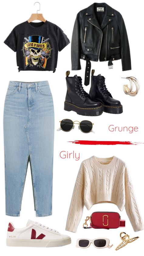 Grunge vs girly Girly Grunge Outfits, 30s Aesthetic, Camisa Rock, Girly Grunge, Rockstar Fashion, Birthday Outfit For Women, Concert Outfit Ideas, Midsize Outfits, Mum Fashion