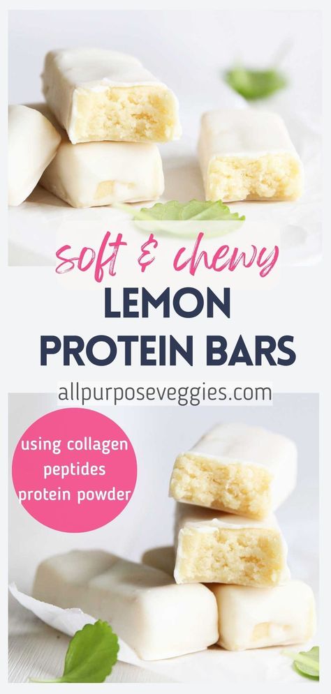 These Homemade Lemon Protein Bars made with Collagen Peptides make the perfect healthy dessert or post-workout snack. Soft and chewy on the inside, with just the right balance of sweet and tangy — these bars are thick and chewy thanks to the collagen peptides which have a lot of great benefits for your hair, skin and joints. Give them a try the next time you’re craving a lemony treat! They're so quick and easy to make, and addictingly yummy. #proteinbars #energybars #collagenpeptides #lemonbars Baked Protein Bars With Protein Powder, Lemon Protein Bars Recipe, Easy Protein Bars Homemade, Greek Yogurt Protein Bars, Breakfast Bars Healthy Protein, High Protein Bars Homemade, Protein Bars Without Protein Powder, Collagen Powder Recipes, Collagen Bars