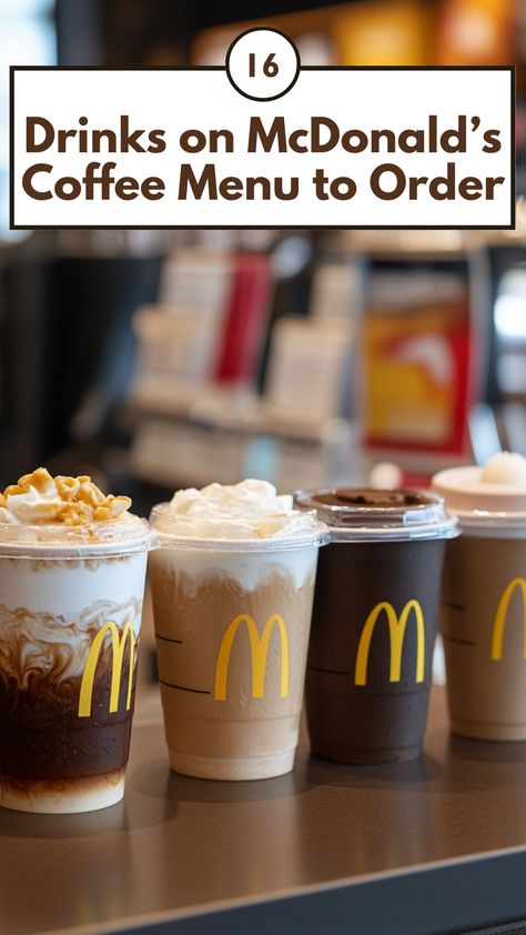 A selection of McDonald's coffee drinks, including lattes, cappuccinos, and frappes, served hot or iced, displayed on a modern coffee counter. Mcdonalds Coffee Order, Mcdonald’s Coffee, Sugar Free Iced Coffee, Mcdonalds Iced Coffee, Mcdonald's Coffee, French Vanilla Cappuccino, French Vanilla Syrup, Mcdonalds Coffee, Caramel Cappuccino