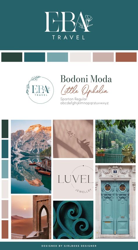 Gorgeous Color Palette, Mood Boards Travel, Blue And Green Brand Color Palette, Travel Agency Color Palette, Uplifting Color Palette, Event Color Palette, Teal Website Design, Luxury Travel Agency Branding, Instagram Color Palette Theme