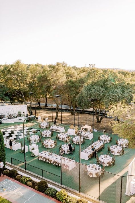 The 9 Best Wedding Planning Apps Every Couple Needs in 2020 Outdoor Wedding Layout Reception Floor Plans, Basketball Court Wedding, Lavish Backyard Wedding, Large Backyard Wedding Reception, Wedding On Tennis Court, Wedding In A Gym, Basketball Court Wedding Reception, Backyard Wedding Must Haves, Boujee Backyard Wedding