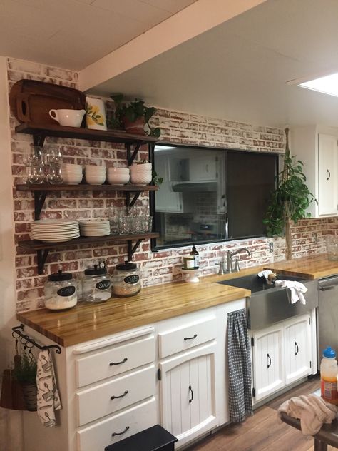 Brick Laminate Wall, Kitchen Ideas With Brick Backsplash, Small Kitchen With Brick Backsplash, Rustic Farmhouse Kitchen Backsplash Brick, Brick Backsplash Kitchen Butcher Block, Kitchen With Faux Brick Wall, Faux Brick Kitchen Wall, Faux Brick Wall Backsplash, Painted Faux Brick Paneling