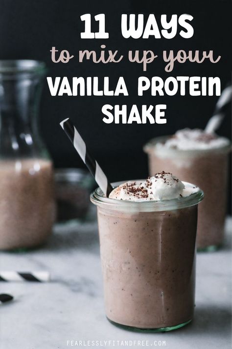 These 11 recipes took my vanilla protein shake from bland to really yummy without adding too much extra time! The Snickerdoodle recipe is my favorite! Protein Powder Drink Recipes, Vanilla Protein Smoothie Recipes, Vanilla Protein Recipes, Protien Shake Recipes, Vanilla Shake Recipes, Vanilla Protein Shake Recipes, Protein Powder Smoothie Recipes, Protein Powder Recipes Shakes, Vanilla Smoothie Recipes