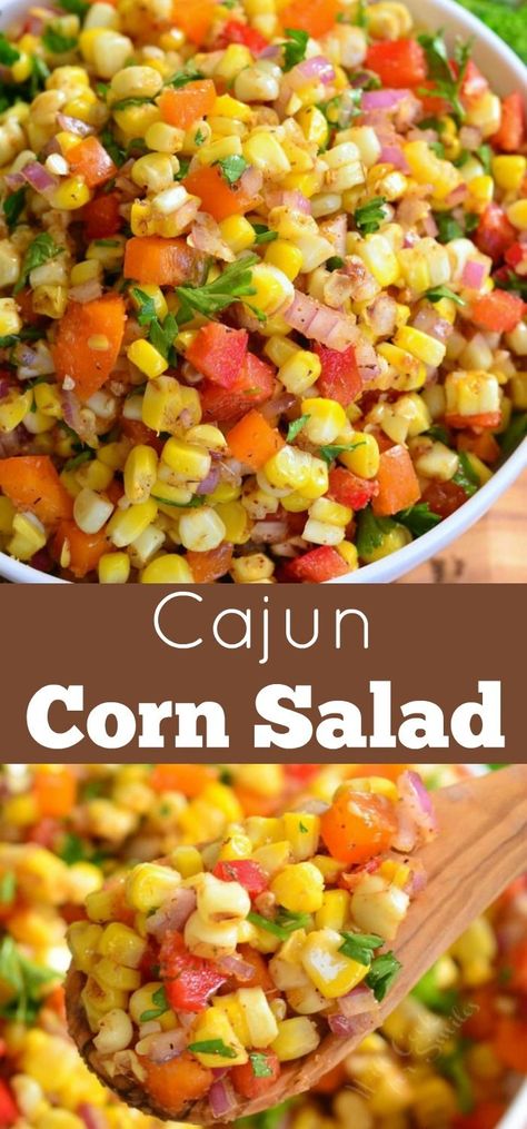 Cajun Corn Salad. A TASTY side dish to serve at your next BBQ party. This sweet and spicy corn salad recipe will be your next HIT. #cornsalad #cajun #sidedish #corn #potluck Cajun Corn, Veggie Salads, Corn Recipes Side Dishes, Lunch Foods, Grilling Ideas, Spicy Corn, Cajun Dishes, Summer Sides, Corn Salad Recipes