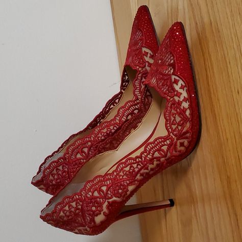 Questions? Leave A Comment Below! #C Red Lace Heels, Mr And Mrs Game, Red And Black Heels, Wedding Shoes Red, Prom Jumpsuit, Red Wedding Shoes, Lace High Heels, Prom Outfit, Lace Pumps