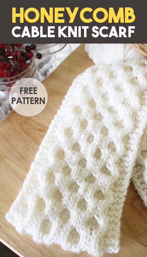 Learn how to make this easy cable knitting scarf with free pattern! This thick and fluffy cable knit scarf is crafted look give the look of a honeycomb pattern with a garter stitch border. While the pattern is impressive with a right and left cable stitch, it's also quick and easy to make! #Knitting #Handmade #DIYCrafts #DIYGifts #GiftGiving Cable Scarf Knitting Pattern, Honeycomb Scarf, Scarves Knitted, Easy Scarf Knitting Patterns, Knitting Pictures, Cable Knit Sweater Pattern, Knitted Projects, Aran Knitting, Modern Homestead