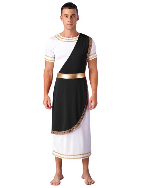 PRICES MAY VARY. Made of skin-friendly polyester blend, breathable and no-pilling, quality fabric keeps you feel cozy and soft all day Men ancient Greek robe is designed with round neck, short sleeve, gold trims and metallic waistline, vintage Greek look Shoulder drape with retro pattern edge is sewn on the toga to prevent glide down, echoes with gold decorations of the robe Perfectly pairing with wreath and scepter for a complete ancient Greek or Roman look, helps you soak in the dress up party Roman Robes Men, Toga Party Costume, Roman Clothing, Greek God Costume, Toga Costume, Toga Party, Roman Costume, Mens Halloween, Gold Decorations