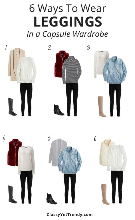 6 Ways To Wear Black Leggings In a Capsule Wardrobe- See 6 outfit ideas using a white tee, striped turtleneck, chambray shirt, cable sweater, cardigan, fleece vest, puffer vest, tall boots and booties. Ways To Wear Black Leggings, Ways To Wear Leggings, How To Style Faux Leather Leggings, How To Wear Cardigan, Neutral Capsule Wardrobe, Classy Yet Trendy, Black Leggings Outfit, Capsule Wardrobe Work, Womens Black Booties