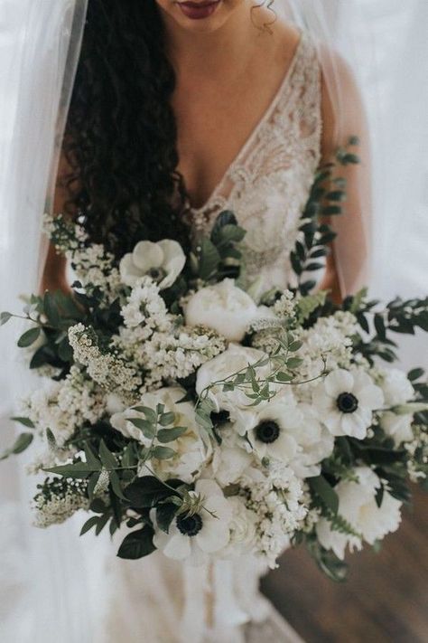 36 Black, Green and White Wedding Color Ideas for Spring | My Deer Flowers Black And Greenery Wedding, Greenery Wedding Bouquet, White Flower Bouquet, Green Bouquet, Winter Wedding Flowers, White Wedding Bouquets, White Wedding Flowers, White Bouquet, Wedding Flower Arrangements