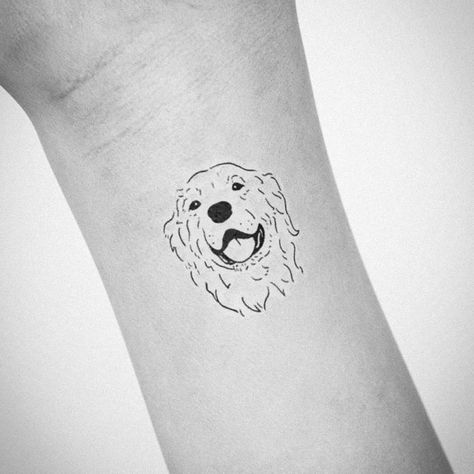 18 Creative But Simple Golden Retriever Outline Tattoos | Inku Paw Small Dog Tattoos Golden Retriever, Golden Retriever Outline Drawing, Simple Golden Retriever Tattoo, Golden Retriever Line Drawing, Golden Retriever Outline Tattoo, Simple Dog Tattoo Outline, Dog Tattoo Golden Retriever, Minis Tatoos, Barney Tattoo