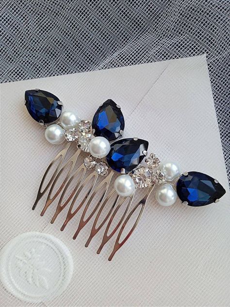 Stylish blue hair comb that works great with bridesmaids or bridesmaids hairstyle.  Small and concise.  Sparkling and delicate.  The width of the hair comb is about 5 inches.  The blue hair comb is made of crystal rhinestones, pearl beads and jewelry wire. Great gift for bridesmaids!  Hair combs are packaged in individual gift boxes. ANY combination of crystal rhinestones and beads! * All orders from the Exclusive Wedding Shop you will receive in a FREE beautiful gift box. * Standard shipping: - Dark Blue Hair Accessories, Navy Hair Accessories, Bridesmaids Hairstyle, Dark Blue Jewelry, Hair Ornaments Wedding, Navy Blue Hair, Navy Hair, Blue Hair Accessories, Blue Bride