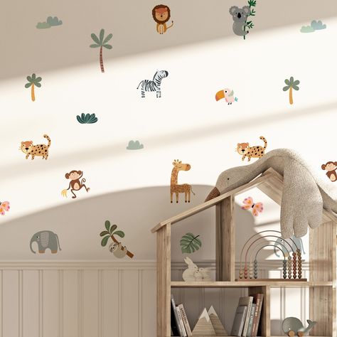 Cute jungle wall decals with safari animals easy to peel and stick. Nursery wall stickers with monkey, zebra, giraffe, sloth, lion, leopard, elephant, butterfly, parrot and koala. 💛 Create an inviting space for your kids that is organised and picture-perfect 💛 ✨ LOVED BY KIDS, TRUSTED BY PARENTS ✨ 😁 Designed For Smiles 😁 -------------------------------------------------------------------- ➔ Safe & non-toxic: No Vinyl, PVC or Phthalates ➔ Crafted from a Premium Fabric Material ➔ No wall damag Wall Decals For Nursery, Safari Animal Wall Decals, Cute Jungle Animals, Jungle Wall Decals, Cloud Decal, Joy Decorations, Playroom Wall Decals, Animals Stickers, Animal Wall Decals