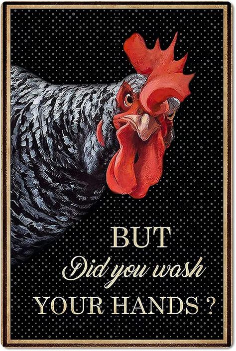 PRICES MAY VARY. 🐔Unique Design: Add some humor to your kitchen or chicken coop with this vintage-style metal tin sign featuring a rooster and the humorous phrase "But Did You Wash Your Hands?" 🐔The High-Quality: Printing and durable metal construction make this rooster decor sign a great addition to any rustic or farmhouse-style decor. 🐔Versatile Decoration: The playful design of this chicken wallpaper sign is sure to make anyone smile, whether they're washing their hands in the kitchen or t Funny Chicken Coop, Chicken Coop Metal, Chicken Kitchen Decor, Wash Hands Sign, Quirky Kitchen Decor, Chicken Wallpaper, Rooster Kitchen Decor, Chicken Kitchen, Garage Kitchen